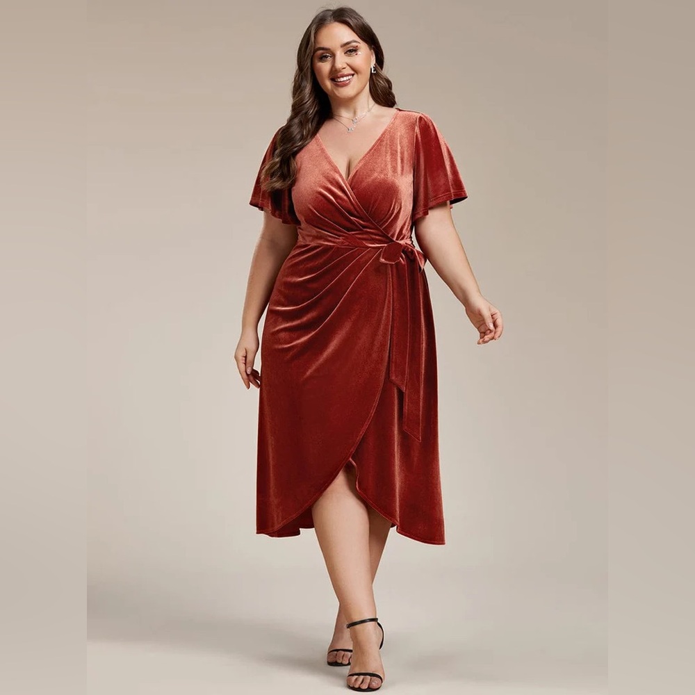 V-Neck Ruffles Sleeve Velvet Dress